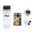 A drink bottle with a clear body and black lid, featuring a logo and an infuser for fruit or herbs.
