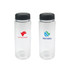 A drink bottle featuring a clear design with a black lid, showcasing two logos on its surface.