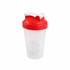 A drink bottle with a transparent body and a red lid, featuring a logo on the side.