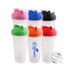 A drink bottle set featuring six BPA-free fitness shaker bottles in pink, blue, black, green, orange, and red, with a metal whisk.