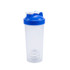 A drink bottle with a clear body and blue lid, featuring a mixing ball inside for blending protein shakes.