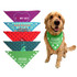A collection of triangular pet bandanas in various colours, including green, red, blue, and purple, with a dog wearing one.
