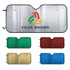 A silver bubble aluminium car sunshade with a logo in the centre, available in green, red, gold, and blue options.