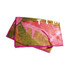 A flannel blanket featuring a colourful design with shades of pink, green, and brown, bordered with pink.