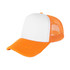 A trucker cap featuring a white front panel and orange mesh sides and brim, with a logo on the front.