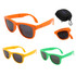 Three pairs of folding sunglasses in orange, yellow, and green, with a compact carrying case.
