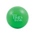 A green stress ball in the shape of a baseball, featuring a logo on its surface.
