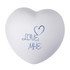 A white heart-shaped stress reliever with blue text reading "LOVE, MHE" and a heart graphic.