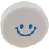 A round, white stress reliever with a blue smiling face design and a logo.