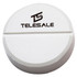 A round white stress reliever tablet with a logo printed on the surface.
