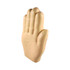 A palm-shaped stress reliever in a beige colour, resembling a hand. Features a smooth texture and includes a logo.