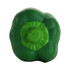 A green capsicum-shaped stress reliever with a textured surface and a round base, featuring a logo.
