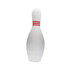 A bowling pin-shaped stress reliever in white with red stripes, featuring a logo. Ideal for fun and stress relief.