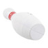 A white bowling pin-shaped stress reliever with red stripes, featuring a logo on one side.