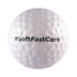 A white golf ball-shaped stress reliever with textured dimples and a logo printed on it.