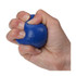 A blue golf ball-shaped stress reliever being squeezed in a hand, featuring a textured surface and a logo.