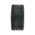 A black tire-shaped stress reliever with detailed tread pattern and a rounded design. Features a logo.