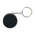 A keyring featuring a black hockey puck stress reliever with a metal chain attached.