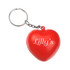 A red heart-shaped stress reliever keyring with a metal chain and a logo.