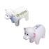 Two sheep-shaped stress relievers in white rubber, one with green text and the other with a logo.