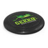 A black frisbee featuring a green lizard graphic and the brand name.