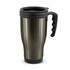 A travel mug with a sleek metallic finish and a black handle. It features a secure lid to prevent spills.