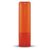 An orange lip balm tube with a transparent design and a twist-up applicator. It features a logo.