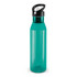 A drink bottle in a translucent teal color with a black lid and spout.