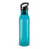 A drink bottle in a translucent turquoise color with a black cap and spout.