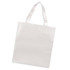 A plain white tote bag with sturdy handles and a simple design, featuring a branding logo.