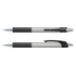 A grey pen with a coloured barrel and black grip, featuring a chrome clip and tip. The pen has a logo.