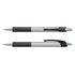 A pen featuring a silver barrel with a black grip and accent, including a logo.