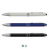 Three stylus pens in various colours: silver, blue, and black, all featuring a metallic finish and a logo.