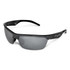Black sports sunglasses with a matte finish and grey lenses, featuring a logo on the arm.