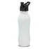 A drink bottle in translucent white with a black spout and lid, featuring a logo.
