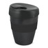 A drink bottle in dark green and black with a lid and a band around the middle. It features a logo.
