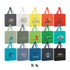 A variety of colourful tote bags featuring different logos and designs, including shades of grey, red, green, and blue.