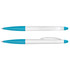 A stylus pen with a white barrel and turquoise accents, featuring a clip and a logo.