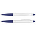 A stylus pen with a white barrel and blue accents, featuring a retractable tip and a clip for convenience.
