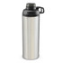 A drink bottle in metallic silver with a black lid and handle, featuring a logo on the side.