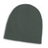 A grey cable knit beanie with a ribbed texture, featuring a logo or branding on the side.