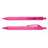 A pink plastic pen with a transparent barrel and clip, featuring a retractable ballpoint tip.