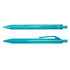 A plastic pen in a vibrant turquoise color with a translucent barrel, featuring a clip and a retractable tip.