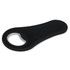 A drink bottle opener in sleek black, featuring a circular opening and a smooth handle design. It has a logo displayed.