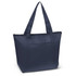 A navy blue cooler bag with two sturdy straps and a zip closure, featuring a front pocket and a simple design.