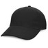 A black cap with a curved peak and a fitted design, featuring a branding logo.