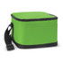 A square, green cooler bag with a black base and a shoulder strap, featuring a side pocket and a zip closure.