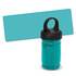 An active cooling towel in a transparent tube, featuring a teal towel and a black cap with a handle.