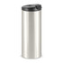 A drink bottle with a sleek, stainless steel body and a black lid featuring a flip-top opening.
