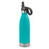 A drink bottle with a turquoise exterior and a flip lid, featuring a silver base and a black handle.